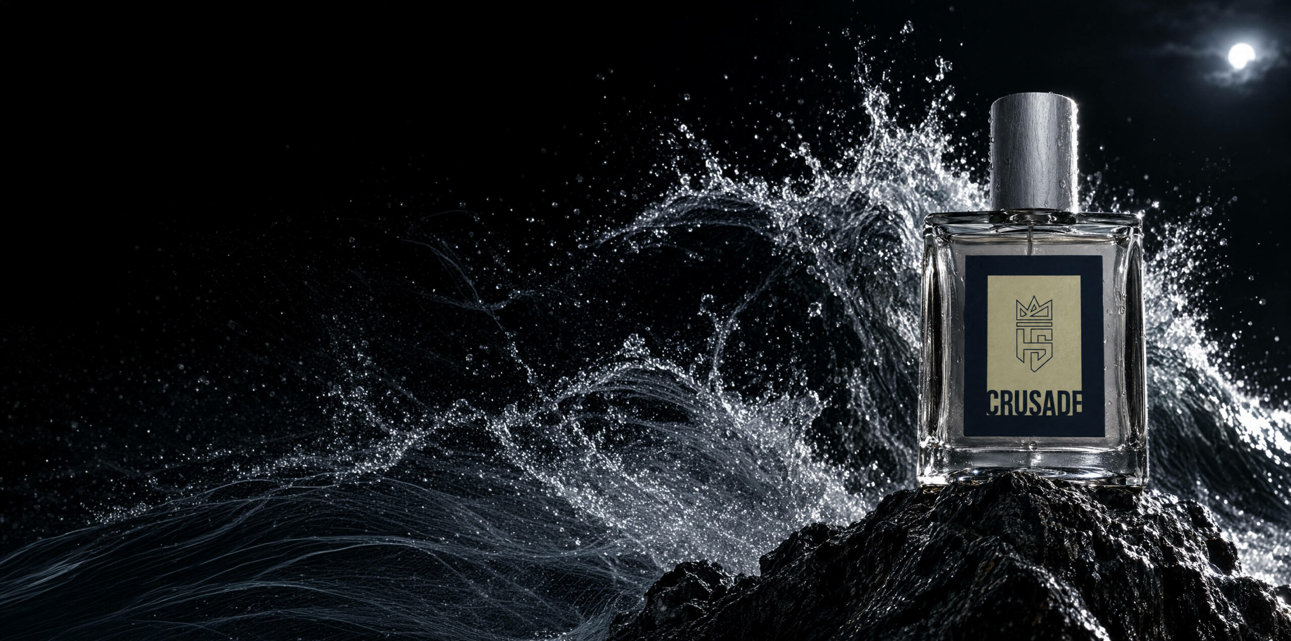 Crusade Eau De Parfum by Hollo Supply Grooming Co., photographed on wet charcoal stone with water