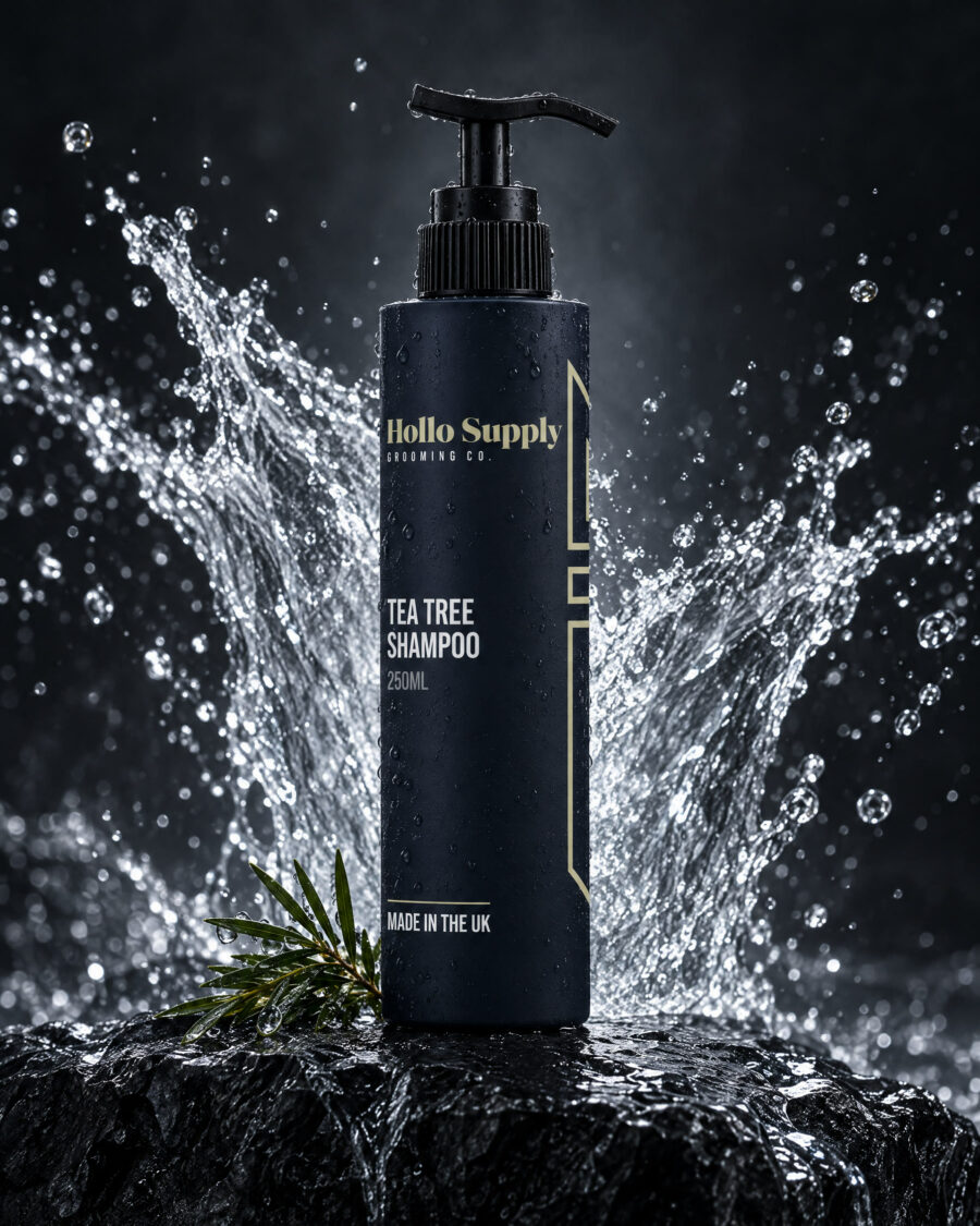 Tea Tree Shampoo by Hollo Supply Grooming Co., photographed on wet charcoal stone with water