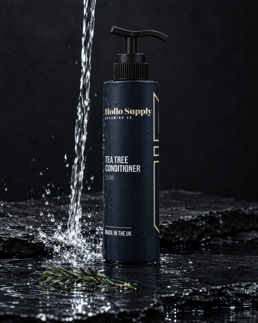 Tea Tree Conditioner by Hollo Supply Grooming Co., photographed on wet charcoal stone with water