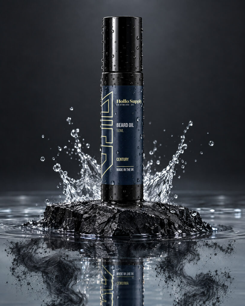 Beard Oil (Century) by Hollo Supply Grooming Co., photographed on wet charcoal stone with water