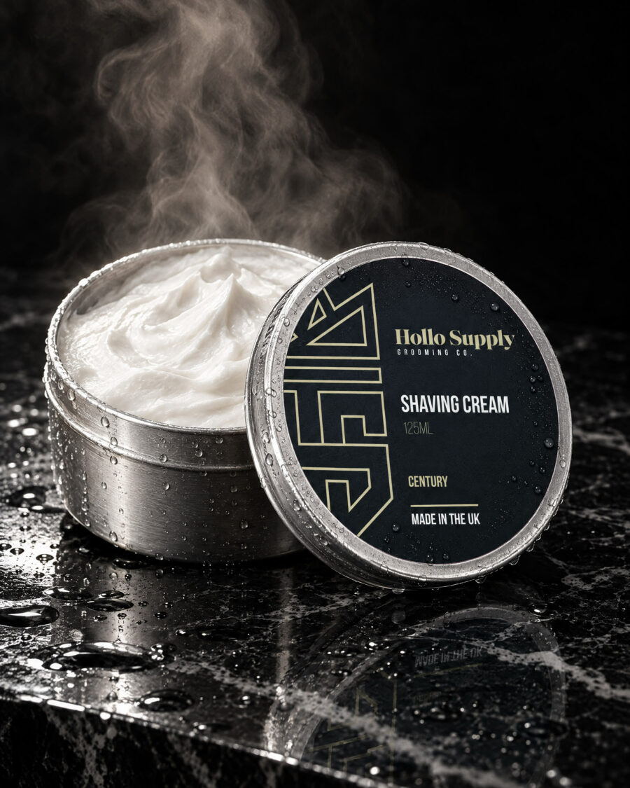 Shaving Cream (Century) by Hollo Supply Grooming Co., photographed on wet charcoal stone with water
