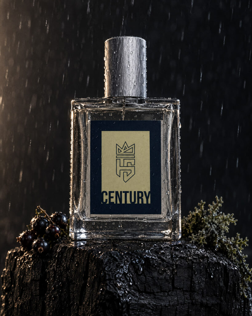 Century Cologne by Hollo Supply Grooming Co., photographed on wet charcoal stone with water