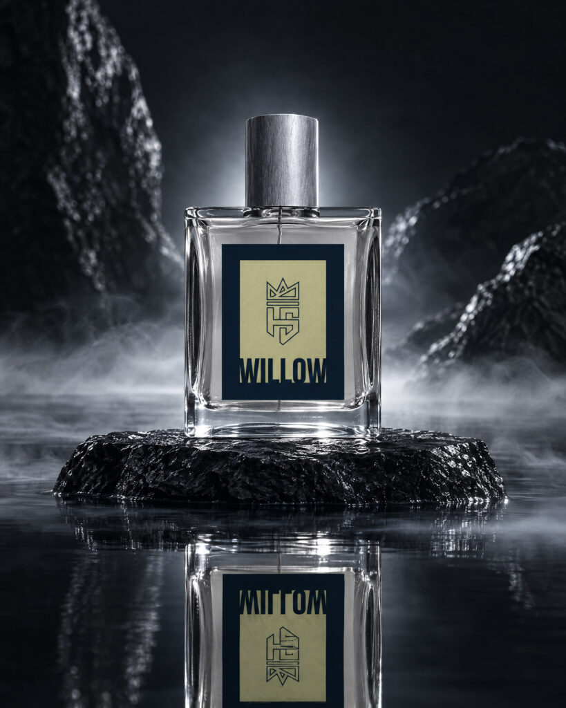 Willow Cologne by Hollo Supply Grooming Co., photographed on wet charcoal stone with water