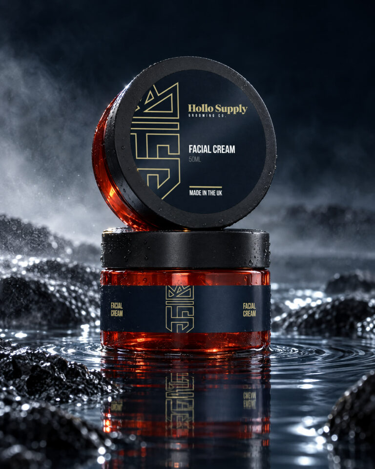 Hydrating Facial Cream by Hollo Supply Grooming Co., photographed on wet charcoal stone with water