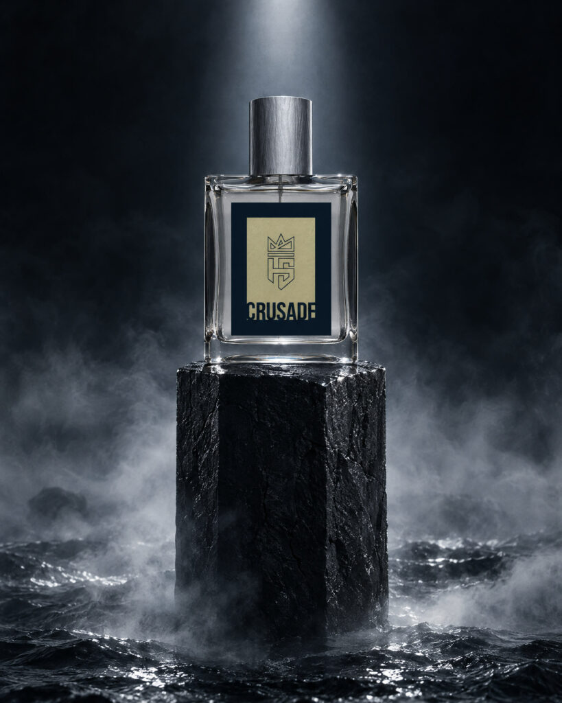 Crusade Eau De Parfum by Hollo Supply Grooming Co., photographed on wet charcoal stone with water