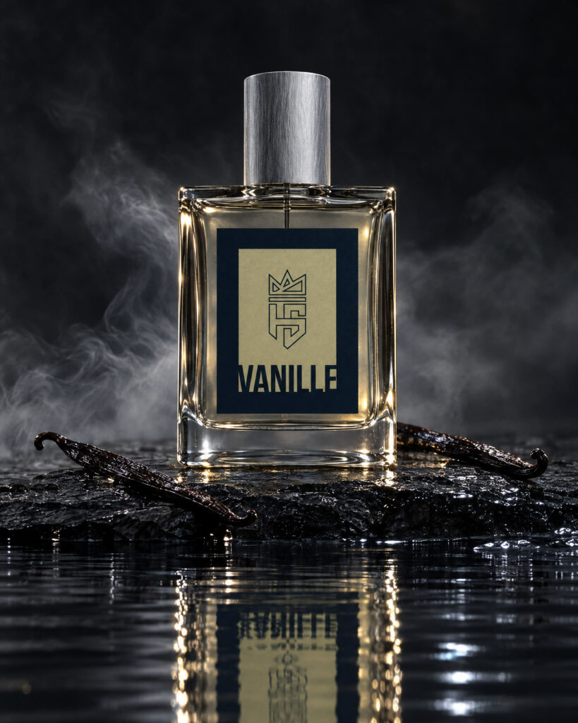 Vanille Eau De Parfum by Hollo Supply Grooming Co., photographed on wet charcoal stone with water
