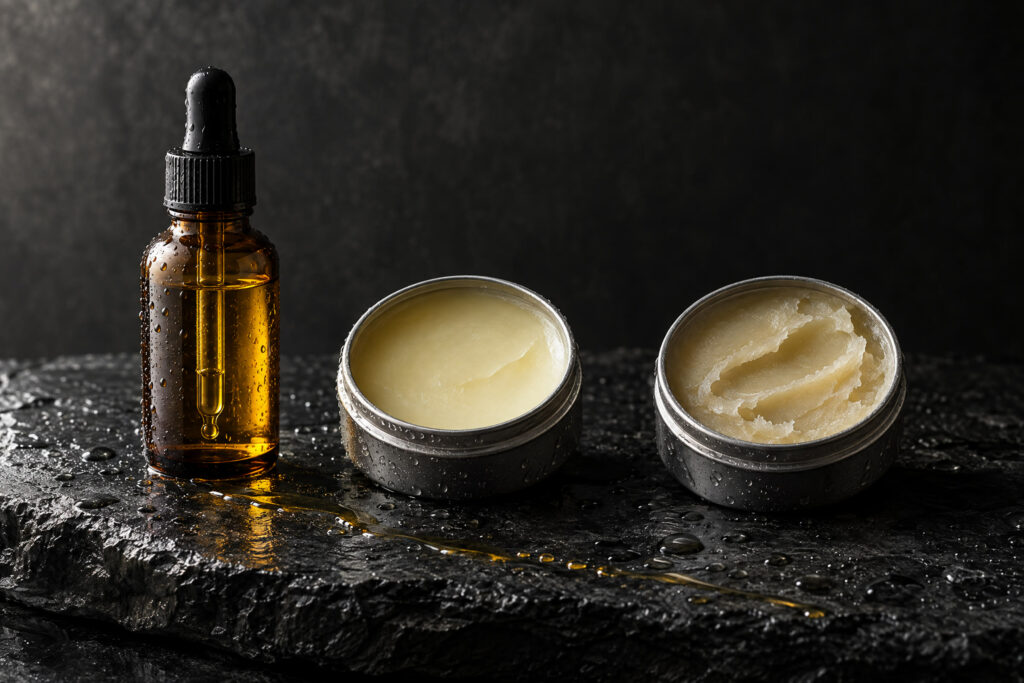 Beard oil, beard balm and beard wax side by side on wet slate