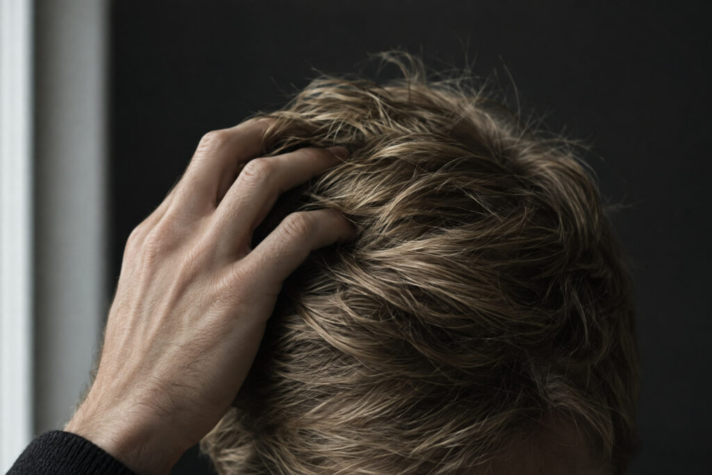 Man running his hand through fine, textured hair