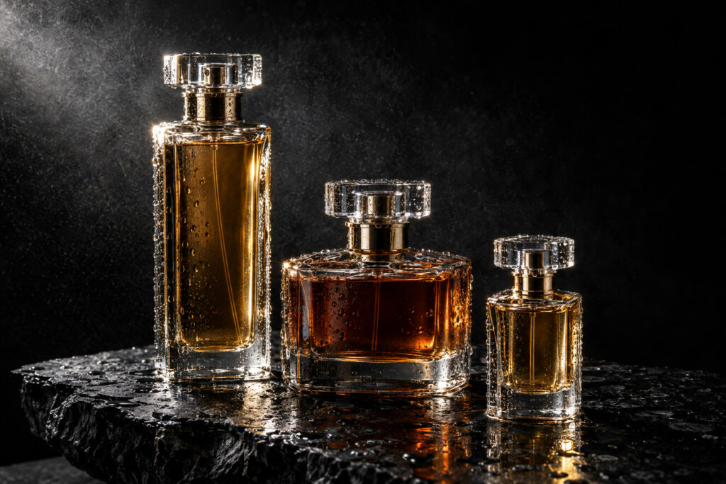 Three fragrance bottles of different strengths on wet slate