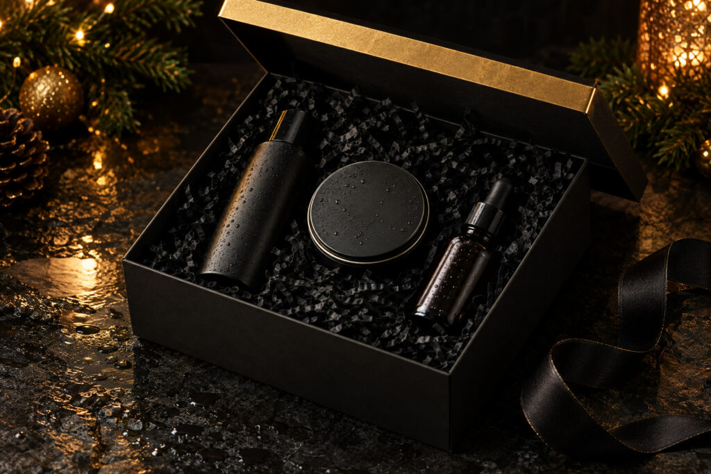 Men's grooming gift box with oil, balm and dropper bottle