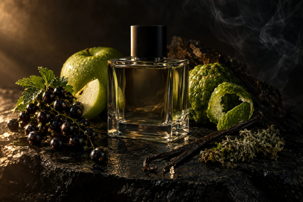 Cologne bottle surrounded by blackcurrant, apple, bergamot, vanilla and oakmoss