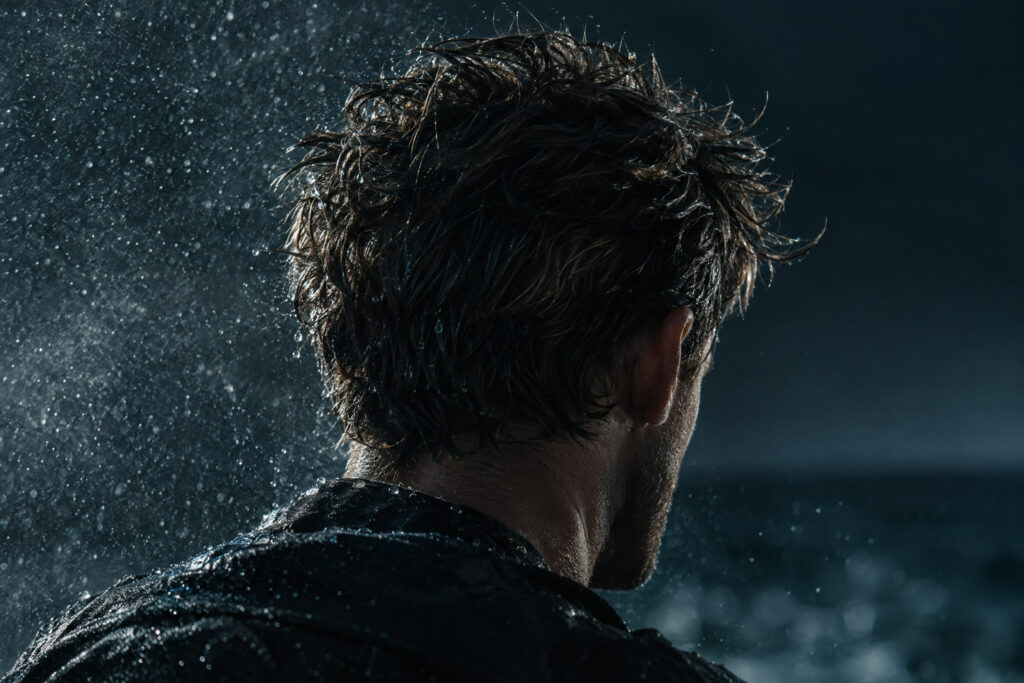 Man with textured, sea-sprayed hair looking out to a dark sea