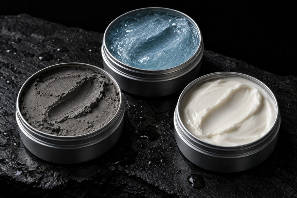 Open tins of matte clay, fibre gum and defining cream on dark stone
