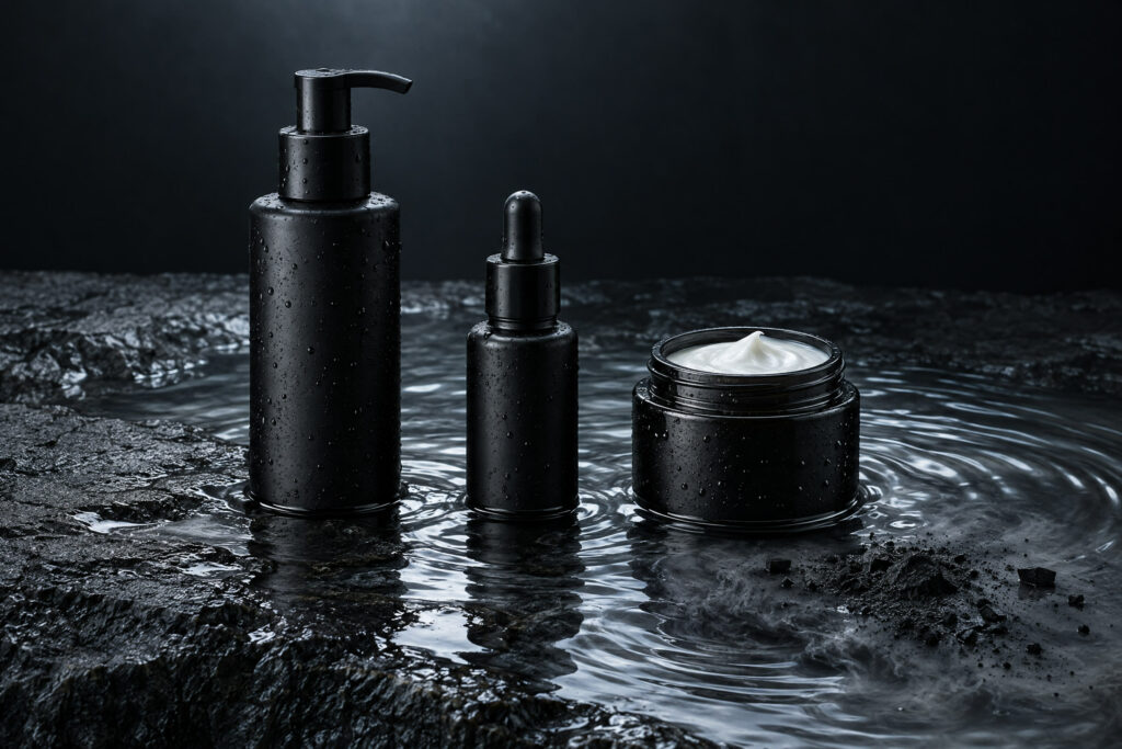 Cleanser, serum and moisturiser standing in still water on dark stone